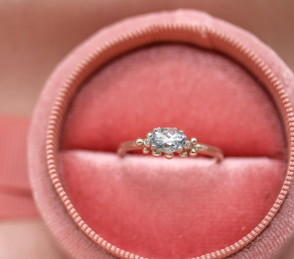 Aquamarine and diamond granulated white gold engagement ring
