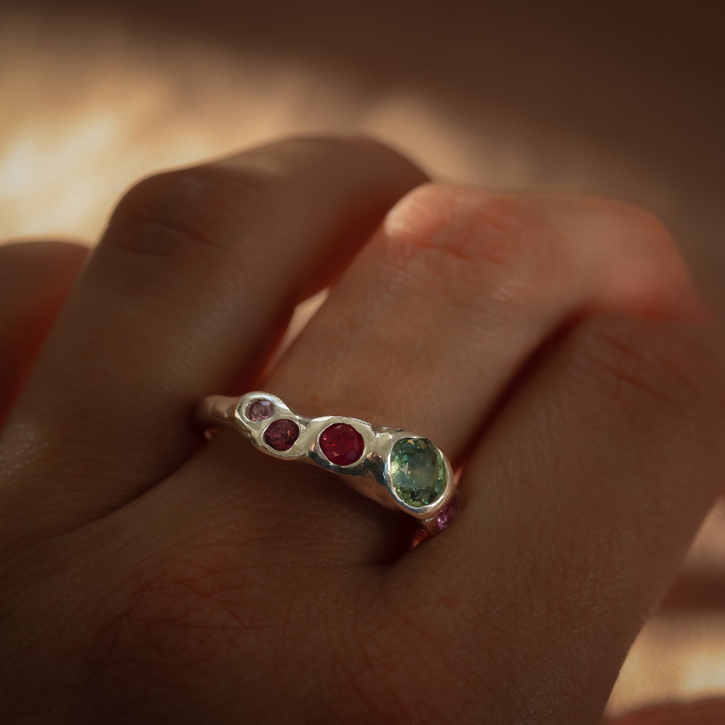 Actually, Quite Brave No. III | Recycled Sterling Silver, Pale Green Montana Sapphire & Vibrant Pink Sapphire Ring