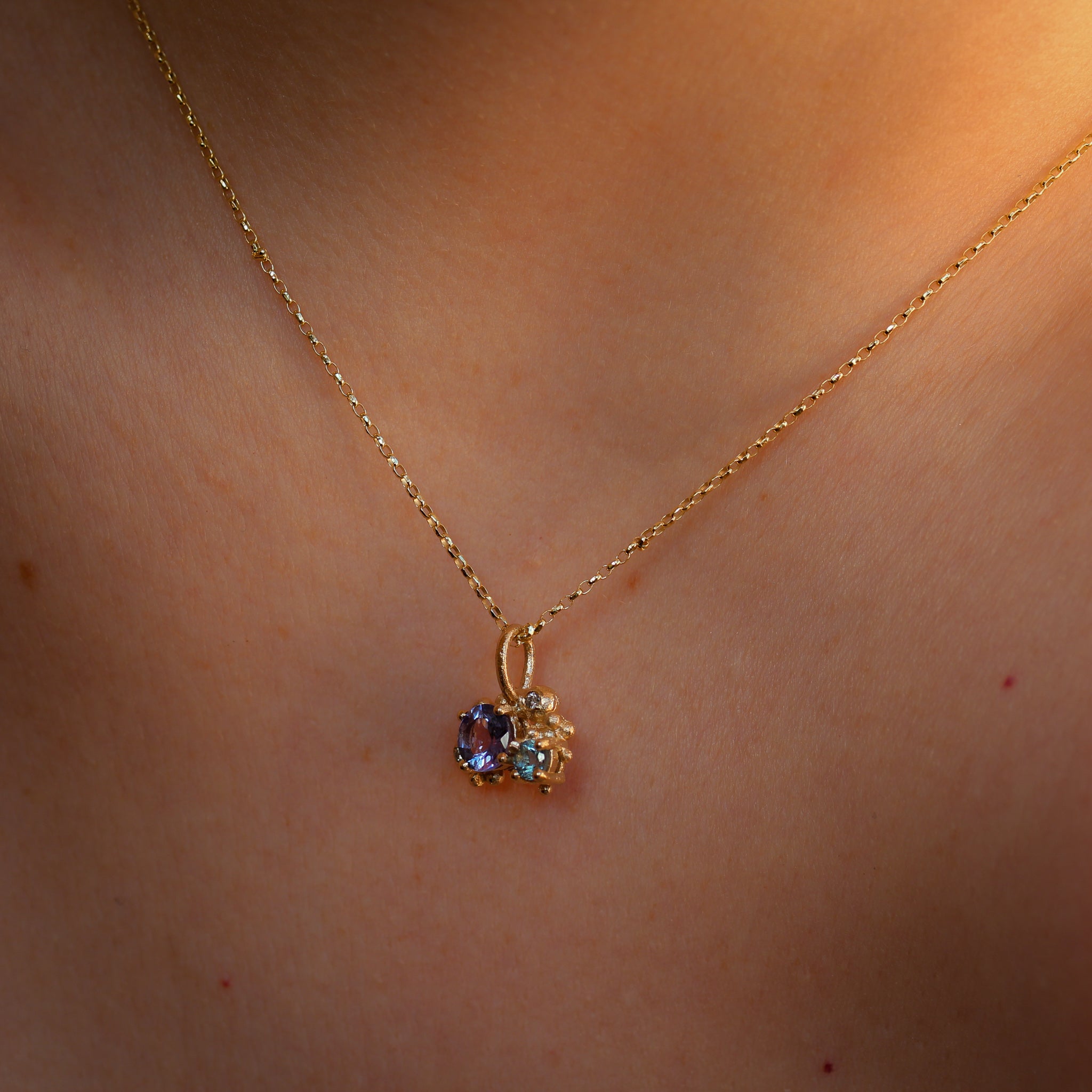 Tanzanite, Aquamarine & Diamond Granulated Pendant