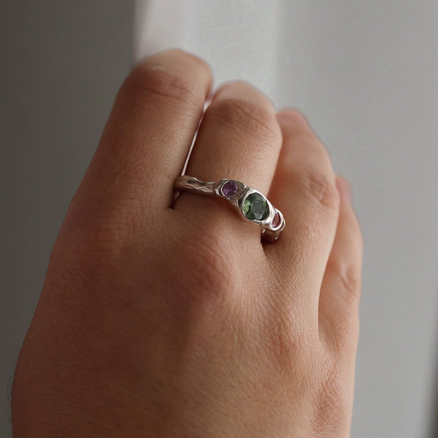 Actually, Quite Brave No. III | Recycled Sterling Silver, Pale Green Montana Sapphire & Vibrant Pink Sapphire Ring