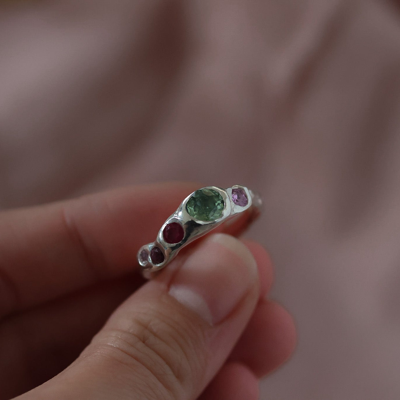 Actually, Quite Brave No. III | Recycled Sterling Silver, Pale Green Montana Sapphire & Vibrant Pink Sapphire Ring