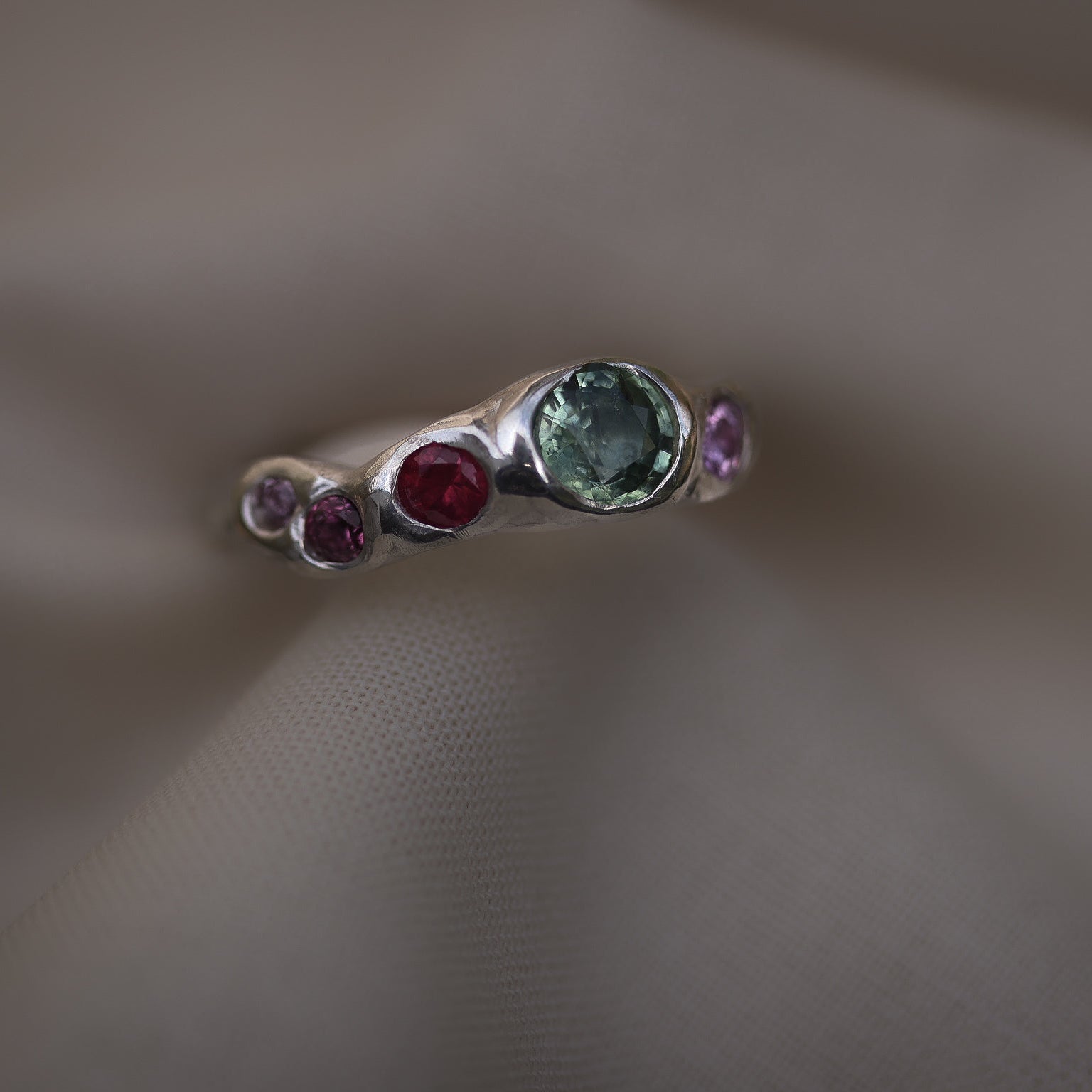 Actually, Quite Brave No. III | Recycled Sterling Silver, Pale Green Montana Sapphire & Vibrant Pink Sapphire Ring