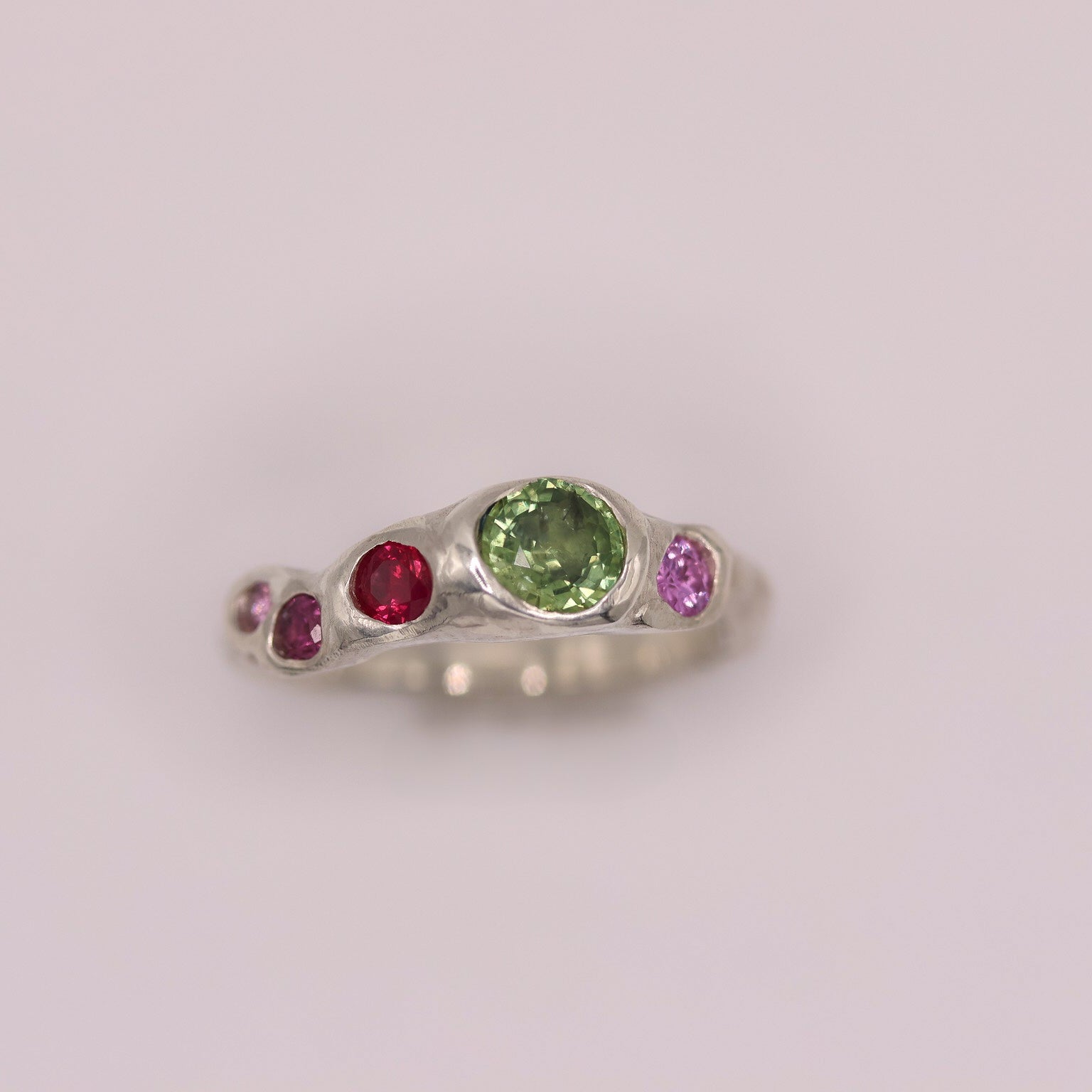Actually, Quite Brave No. III | Recycled Sterling Silver, Pale Green Montana Sapphire & Vibrant Pink Sapphire Ring