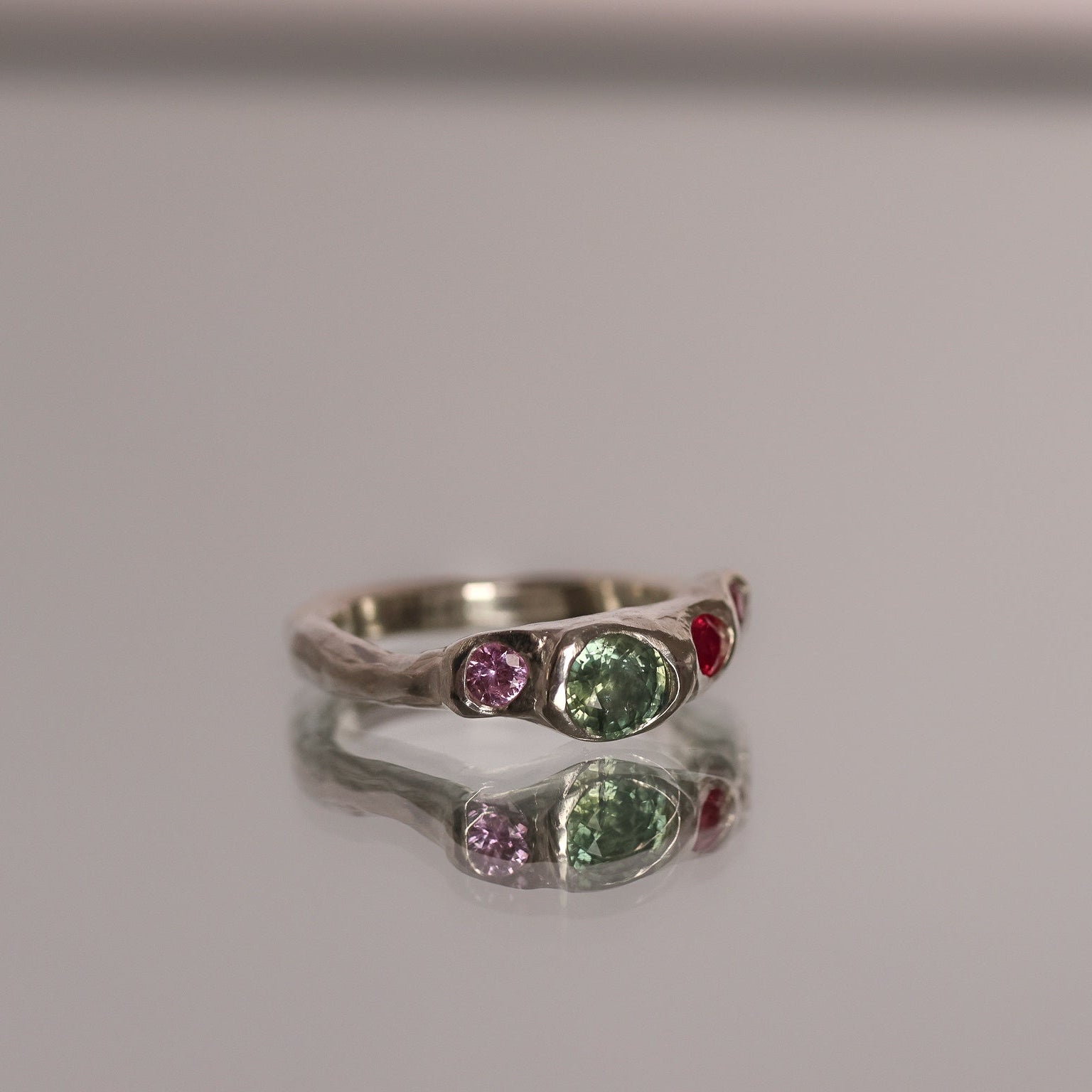 Actually, Quite Brave No. III | Recycled Sterling Silver, Pale Green Montana Sapphire & Vibrant Pink Sapphire Ring