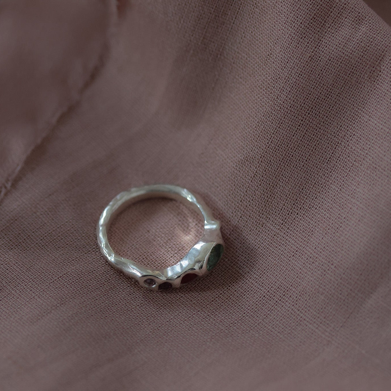 Actually, Quite Brave No. III | Recycled Sterling Silver, Pale Green Montana Sapphire & Vibrant Pink Sapphire Ring