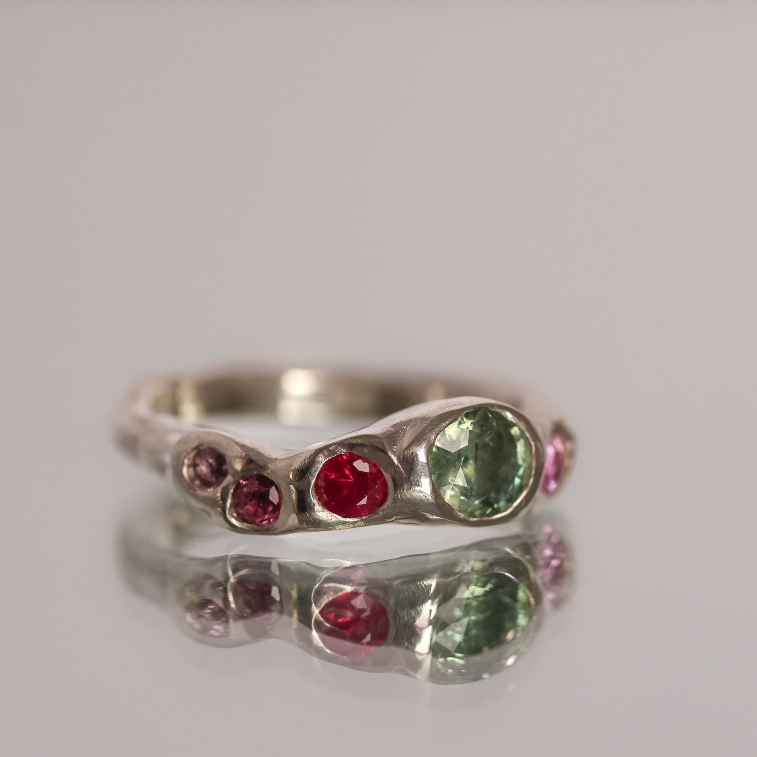 Actually, Quite Brave No. III | Recycled Sterling Silver, Pale Green Montana Sapphire & Vibrant Pink Sapphire Ring