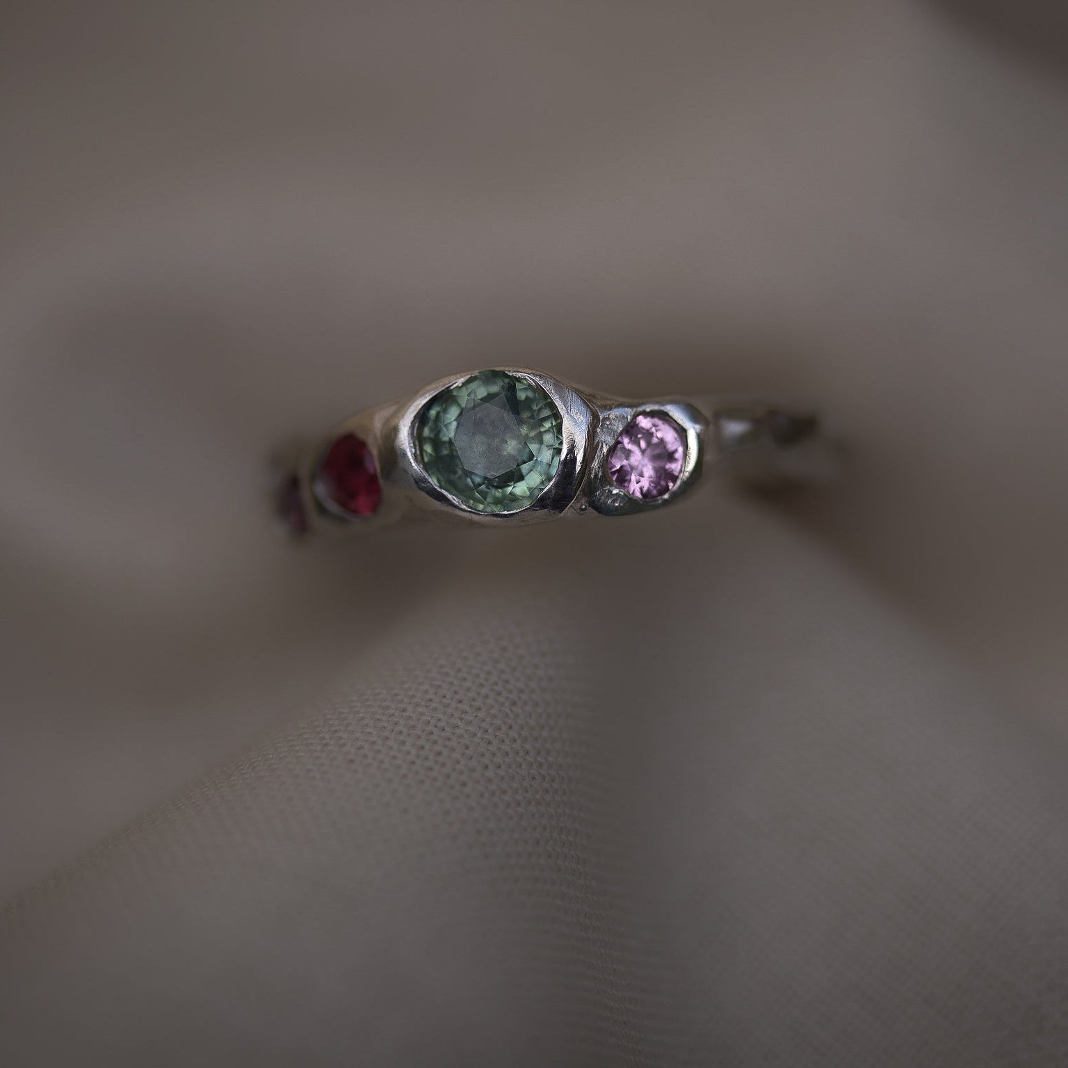 Actually, Quite Brave No. III | Recycled Sterling Silver, Pale Green Montana Sapphire & Vibrant Pink Sapphire Ring