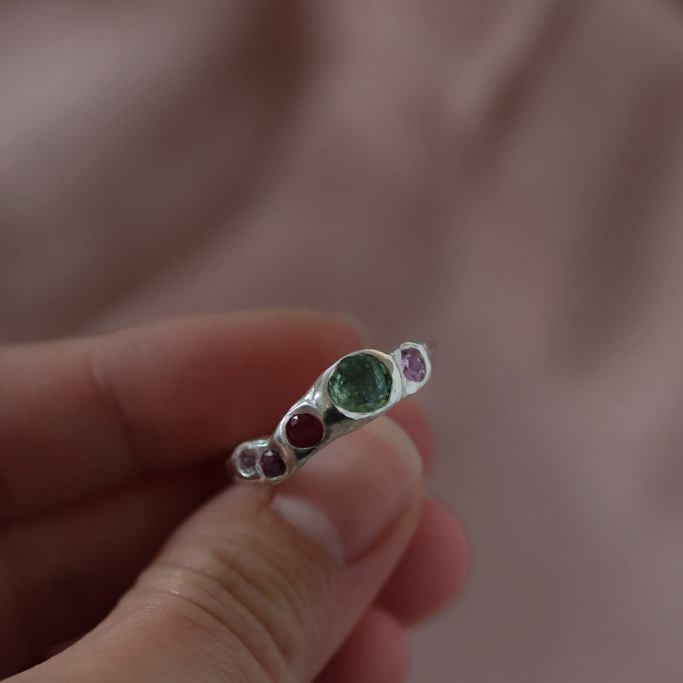 Actually, Quite Brave No. III | Recycled Sterling Silver, Pale Green Montana Sapphire & Vibrant Pink Sapphire Ring
